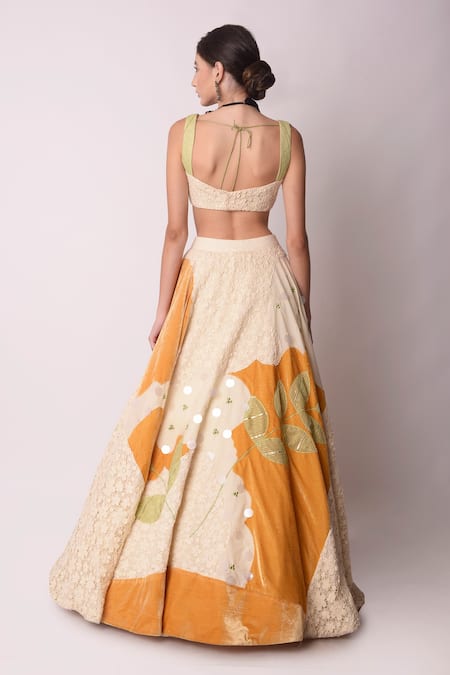 Shop_Shwetanga_White Organic And Gota Patti, Pearl, Sequin & Floral Lehenga Set _at_Aza_Fashions
