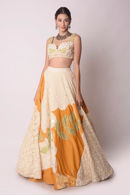 Shwetanga_White Organic And Gota Patti, Pearl, Sequin & Floral Lehenga Set _Online_at_Aza_Fashions