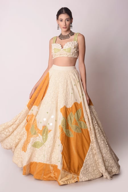 Buy_Shwetanga_White Organic And Gota Patti, Pearl, Sequin & Floral Lehenga Set _Online_at_Aza_Fashions