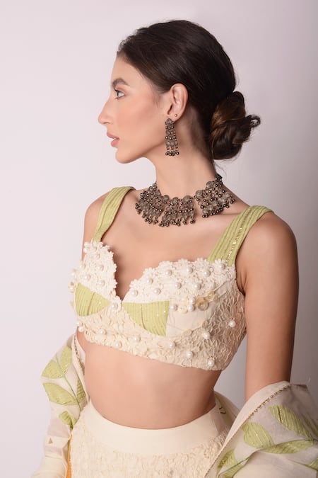 Shwetanga_White Organic And Gota Patti, Pearl, Sequin & Floral Lehenga Set _at_Aza_Fashions