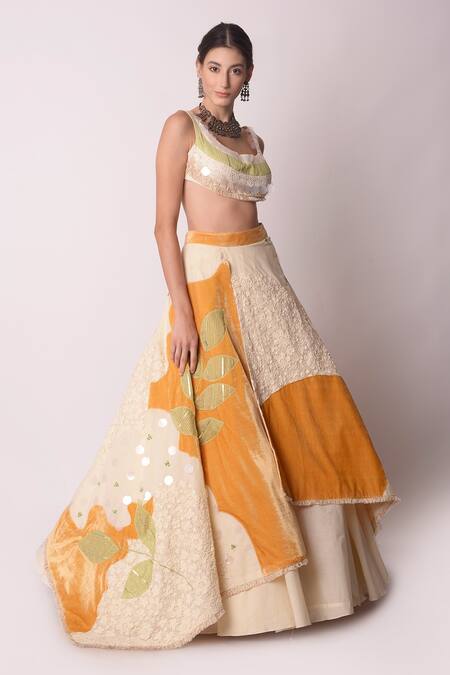 Shwetanga_White Organic And Gota Patti, Fringe, Sequin & Floral Lehenga Set _Online_at_Aza_Fashions