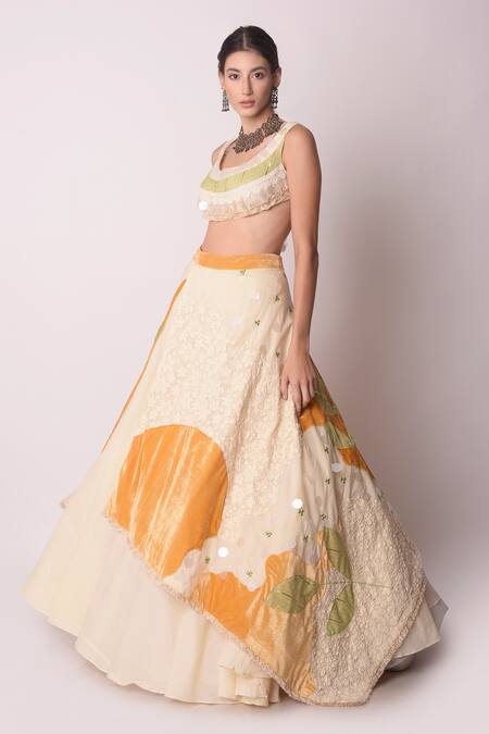 Buy_Shwetanga_White Organic And Gota Patti, Fringe, Sequin & Floral Lehenga Set _Online_at_Aza_Fashions