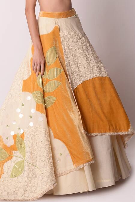 Shop_Shwetanga_White Organic And Gota Patti, Fringe, Sequin & Floral Lehenga Set _Online_at_Aza_Fashions