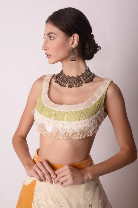 Shwetanga_White Organic And Gota Patti, Fringe, Sequin & Floral Lehenga Set _at_Aza_Fashions