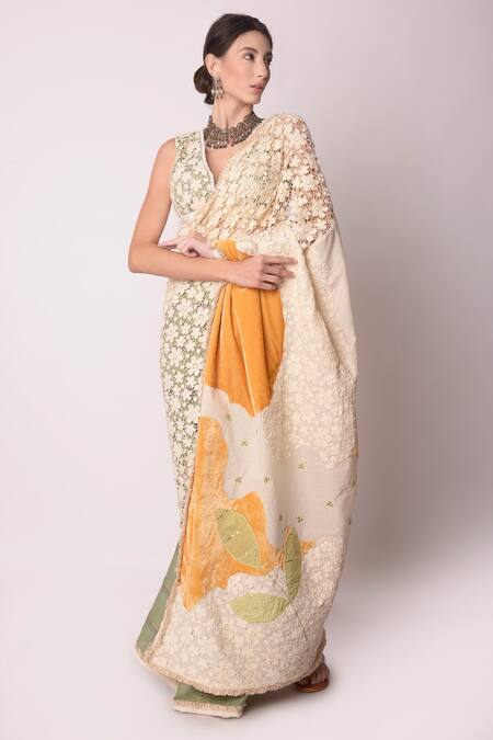 Shwetanga_White Organic And Gota Patti, Fringe, Sequin & Saree With Blouse _Online_at_Aza_Fashions