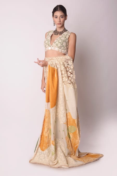 Buy_Shwetanga_White Organic And Gota Patti, Fringe, Sequin & Saree With Blouse _Online_at_Aza_Fashions