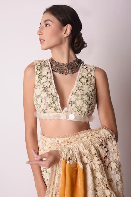 Shop_Shwetanga_White Organic And Gota Patti, Fringe, Sequin & Saree With Blouse _Online_at_Aza_Fashions