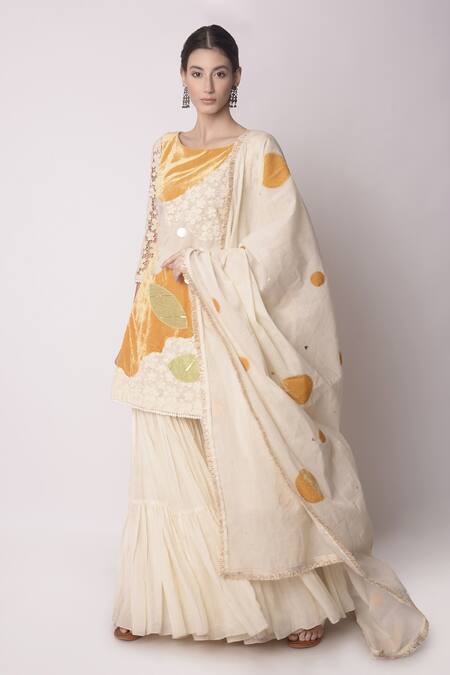 Shwetanga_White Organic And Gota Patti, Fringe, Sequin & Kurta Sharara Set _Online_at_Aza_Fashions