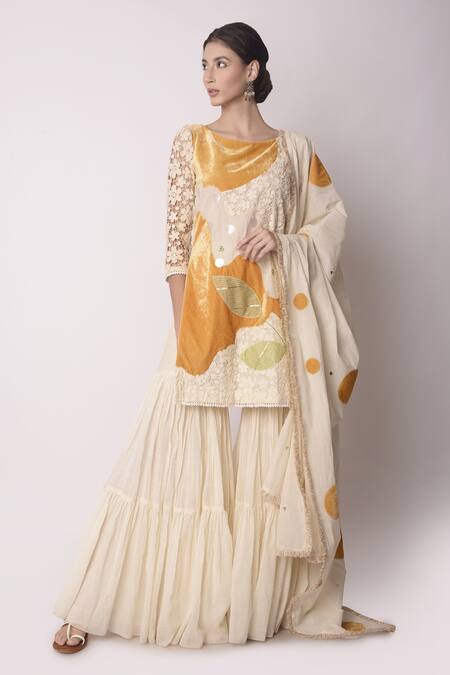 Buy_Shwetanga_White Organic And Gota Patti, Fringe, Sequin & Kurta Sharara Set _Online_at_Aza_Fashions