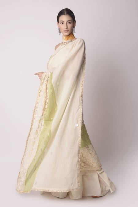 Shwetanga_White Organic And Gota Patti, Fringe, Pre-draped Saree With Blouse _Online_at_Aza_Fashions