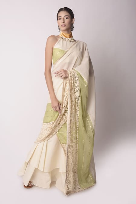Buy_Shwetanga_White Organic And Gota Patti, Fringe, Pre-draped Saree With Blouse _Online_at_Aza_Fashions