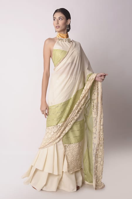 Shop_Shwetanga_White Organic And Gota Patti, Fringe, Pre-draped Saree With Blouse _Online_at_Aza_Fashions