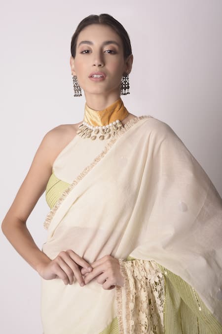 Shwetanga_White Organic And Gota Patti, Fringe, Pre-draped Saree With Blouse _at_Aza_Fashions