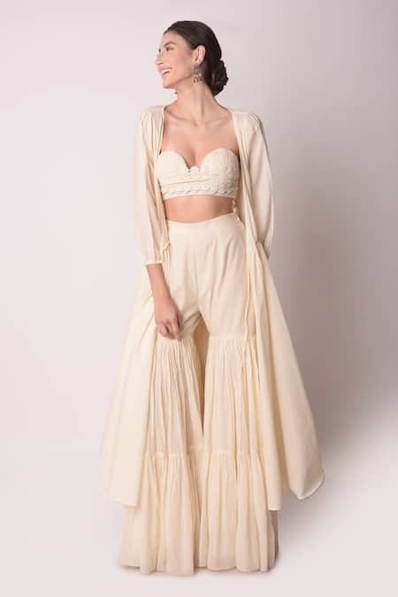 Shwetanga_White Organic And Floral Lace Sweetheart Neck Jacket & Sharara Set _Online_at_Aza_Fashions