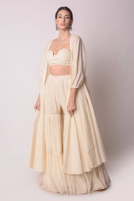 Buy_Shwetanga_White Organic And Floral Lace Sweetheart Neck Jacket & Sharara Set _Online_at_Aza_Fashions