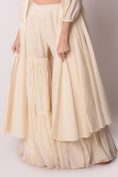 Shop Shwetanga White Organic And Floral Lace Sweetheart Neck Jacket & Sharara Set Online at Aza Fashions Shop_Shwetanga_White Organic And Floral Lace Sweetheart Neck Jacket & Sharara Set _Online_at_Aza_Fashions