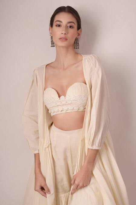 Shwetanga_White Organic And Floral Lace Sweetheart Neck Jacket & Sharara Set _at_Aza_Fashions