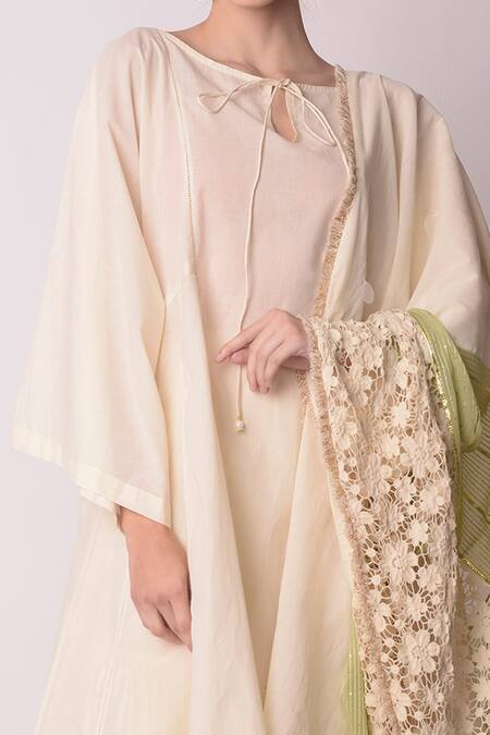 Shwetanga_White Organic And Gota Patti & Floral Lace Round Kurta Sharara Set _at_Aza_Fashions
