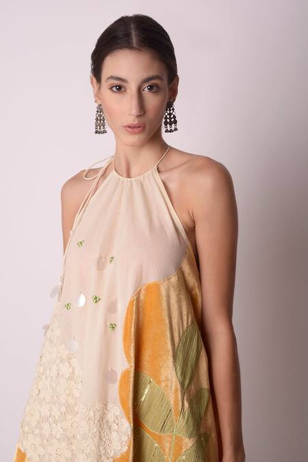 Shop_Shwetanga_White Organic And Gota Patti, Patch Work, Floral Lace & Scarf Dress _Online_at_Aza_Fashions