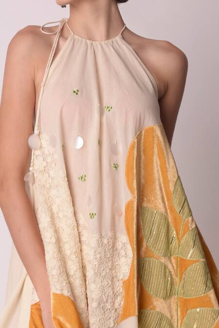 Shwetanga_White Organic And Gota Patti, Patch Work, Floral Lace & Scarf Dress _at_Aza_Fashions