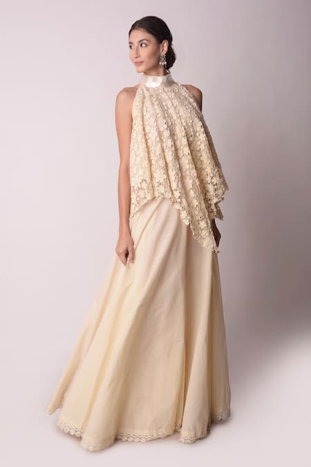 Shwetanga_White Organic And Floral Lace & Sequin Halter Top & Sharara Set _Online_at_Aza_Fashions