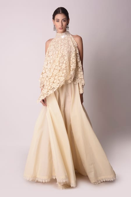 Buy_Shwetanga_White Organic And Floral Lace & Sequin Halter Top & Sharara Set _Online_at_Aza_Fashions