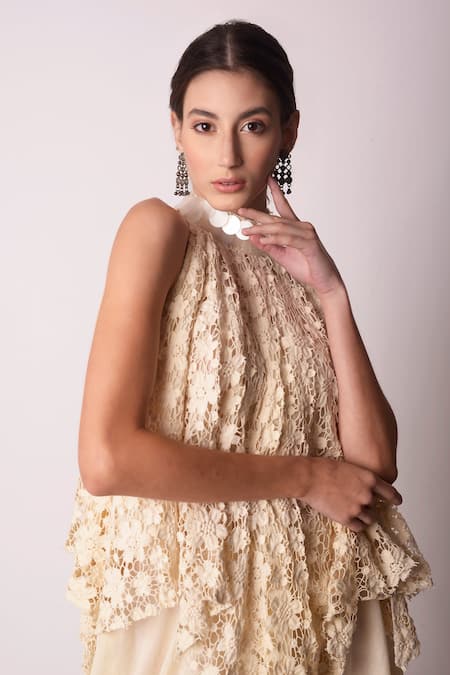 Shop_Shwetanga_White Organic And Floral Lace & Sequin Halter Top & Sharara Set _Online_at_Aza_Fashions