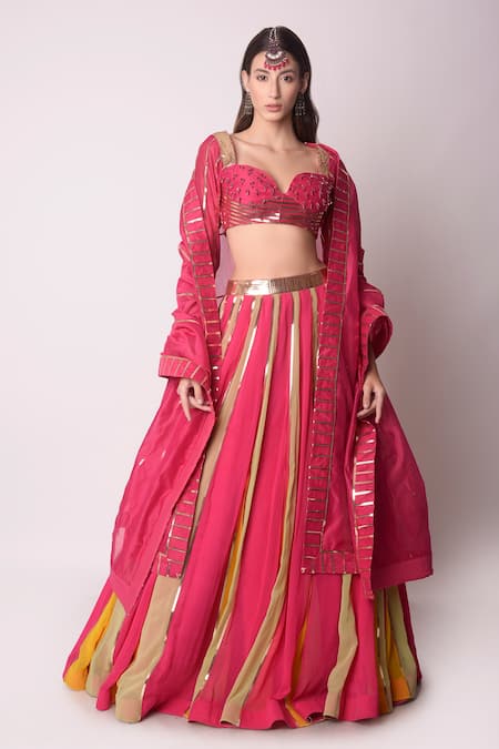 Buy_Shwetanga_Pink Ggt And Chanderi Gota Patti & Beads Sweetheart Neck Lehenga Set _Online_at_Aza_Fashions