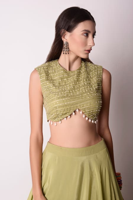 Shwetanga_Green Crepe And Organza Gota Patti & Beads Round Layered Lehenga Set _at_Aza_Fashions