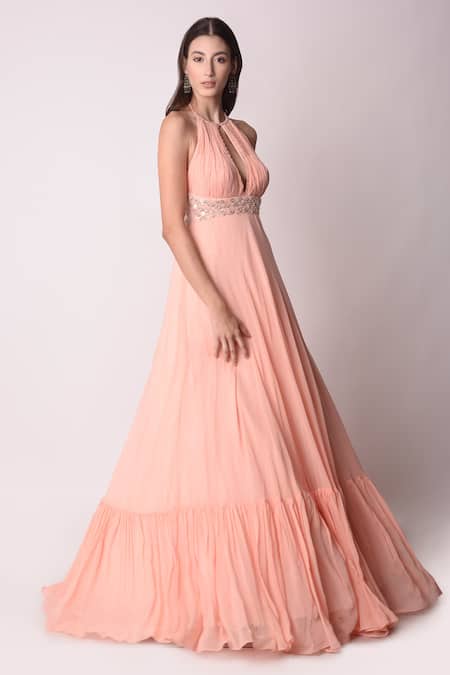 Shwetanga_Peach Ggt And Organza Gota Patti, Cutdana & Beads Halter Anarkali With Dupatta _Online_at_Aza_Fashions