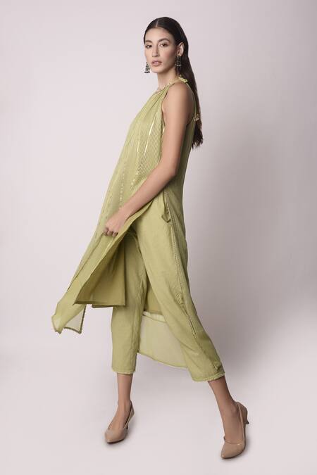 Shwetanga_Green Ggt Gota Patti, Sequin, Shell And Thread Halter Embroidered Kurta Pant Set _Online_at_Aza_Fashions