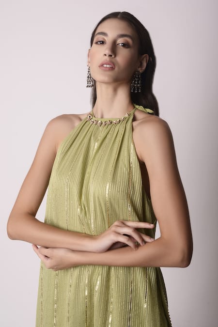 Shop_Shwetanga_Green Ggt Gota Patti, Sequin, Shell And Thread Halter Embroidered Kurta Pant Set _Online_at_Aza_Fashions