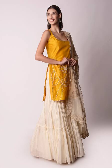 Shwetanga_Yellow Ggt And Chanderi Gota Patti & Pearl Scoop Neck Kurta Sharara Set _Online_at_Aza_Fashions