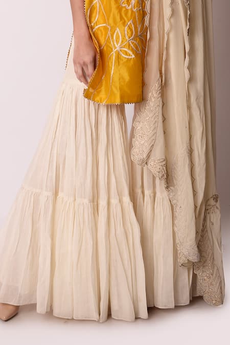 Shop_Shwetanga_Yellow Ggt And Chanderi Gota Patti & Pearl Scoop Neck Kurta Sharara Set _Online_at_Aza_Fashions