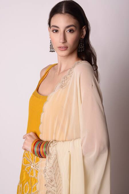 Shwetanga_Yellow Ggt And Chanderi Gota Patti & Pearl Scoop Neck Kurta Sharara Set _at_Aza_Fashions
