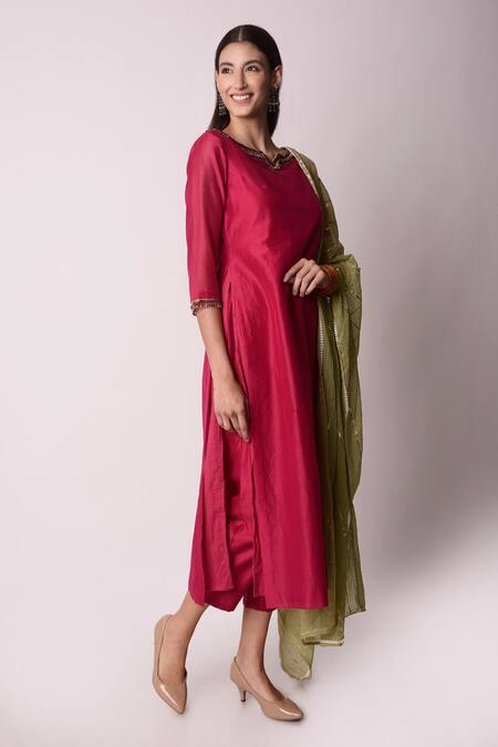 Shwetanga_Pink Ggt And Chanderi Gota Patti & Beads Notched Kurta Pant Set _Online_at_Aza_Fashions
