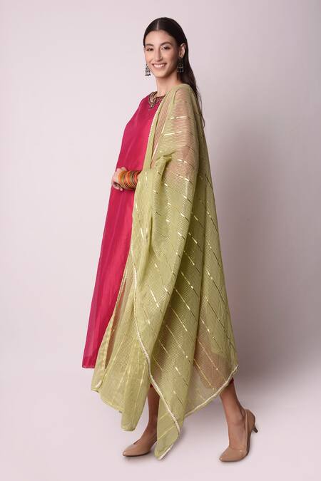 Buy_Shwetanga_Pink Ggt And Chanderi Gota Patti & Beads Notched Kurta Pant Set _Online_at_Aza_Fashions