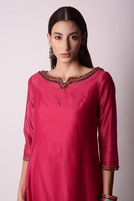 Shop_Shwetanga_Pink Ggt And Chanderi Gota Patti & Beads Notched Kurta Pant Set _Online_at_Aza_Fashions