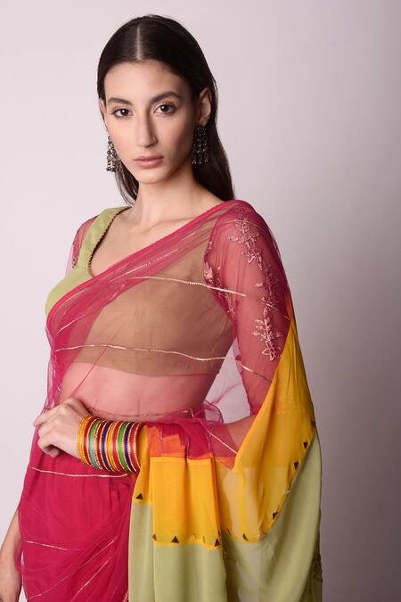 Shwetanga_Multi Color Ggt And Net Gota Patti Scoop Neck Panelled Saree With Blouse _Online_at_Aza_Fashions