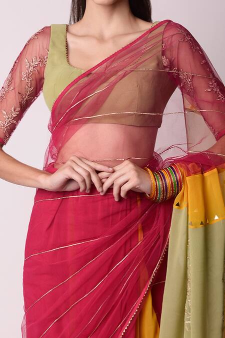 Buy Shwetanga Multi Color Ggt And Net Gota Patti Scoop Neck Panelled Saree With Blouse Online at Aza Fashions Buy_Shwetanga_Multi Color Ggt And Net Gota Patti Scoop Neck Panelled Saree With Blouse _Online_at_Aza_Fashions