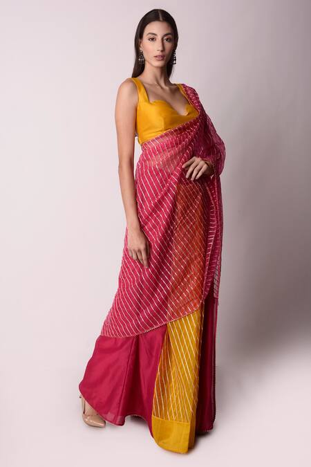 Shwetanga_Yellow Organza And Chanderi Gota Patti & Sequin Pre-stitched Saree With Blouse _Online_at_Aza_Fashions