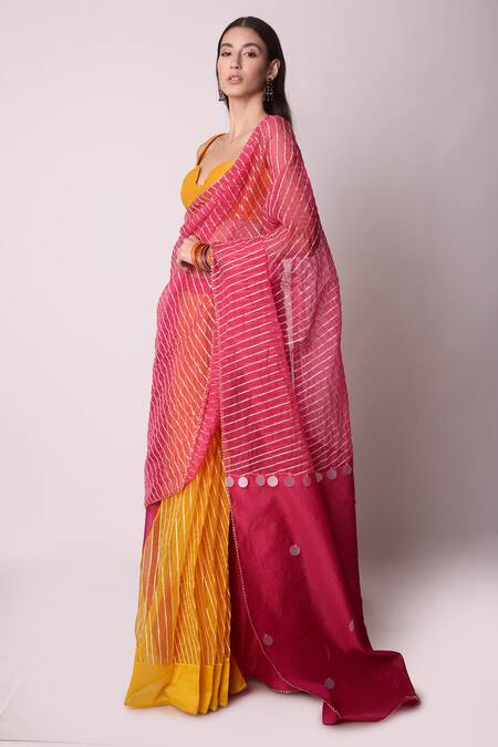 Buy_Shwetanga_Yellow Organza And Chanderi Gota Patti & Sequin Pre-stitched Saree With Blouse _Online_at_Aza_Fashions