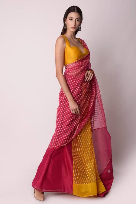 Shop_Shwetanga_Yellow Organza And Chanderi Gota Patti & Sequin Pre-stitched Saree With Blouse _Online_at_Aza_Fashions