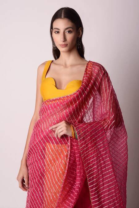 Shwetanga_Yellow Organza And Chanderi Gota Patti & Sequin Pre-stitched Saree With Blouse _at_Aza_Fashions