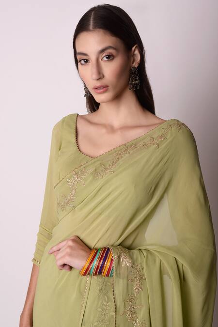 Buy_Shwetanga_Green Ggt Gota Patti Scoop Neck Embroidered Saree With Blouse _Online_at_Aza_Fashions