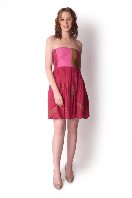 Shwetanga_Magenta Organza Leaf Straight Embroidered Tube Dress _Online_at_Aza_Fashions
