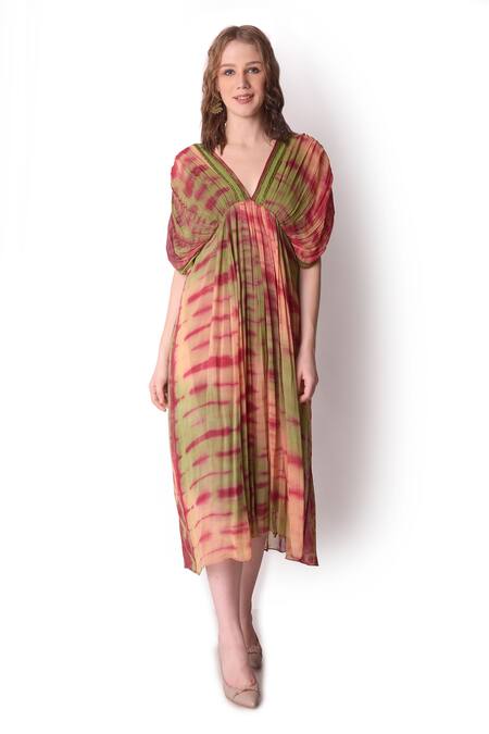 Buy_Shwetanga_Multi Color Georgette Tie Dye V Neck Dress _Online_at_Aza_Fashions