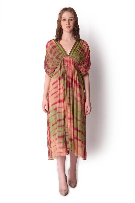 Shop_Shwetanga_Multi Color Georgette Tie Dye V Neck Dress _Online_at_Aza_Fashions