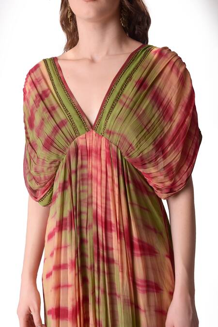 Shwetanga_Multi Color Georgette Tie Dye V Neck Dress _at_Aza_Fashions