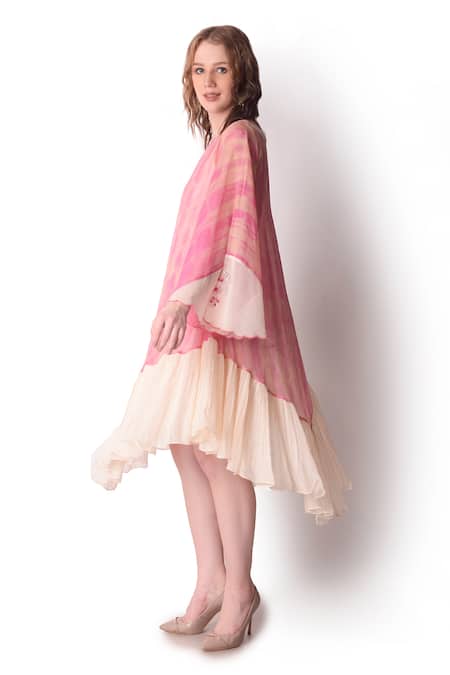 Buy_Shwetanga_Pink Organza Tie Dye Boat Neck Dress _Online_at_Aza_Fashions